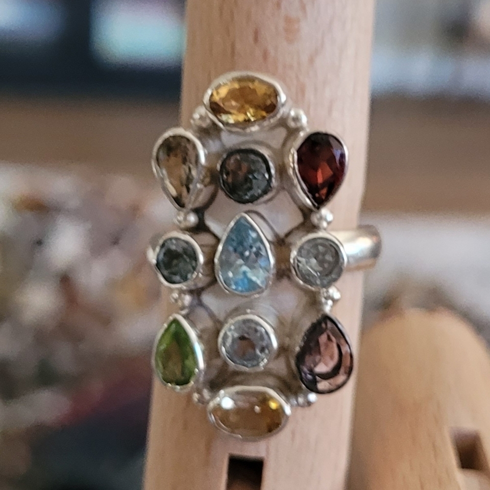 Vintage Silver Multi‎ Gemstone Cluster Ring Garnet Citrine Peridot Blue Topaz 8